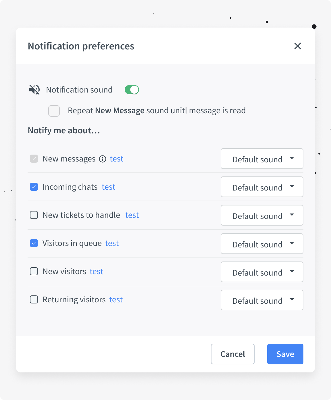 LiveChat notification preferences menu