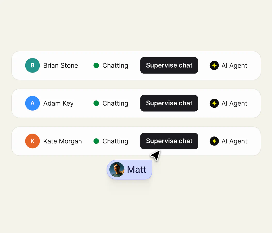 Live chats handled by AI Agent, each with a Supervise chat control, as a human agent steps into one of them
