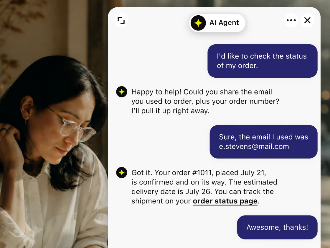A customer asking about an order status while the AI Agent confirms the order, the delivery date, and a tracking link