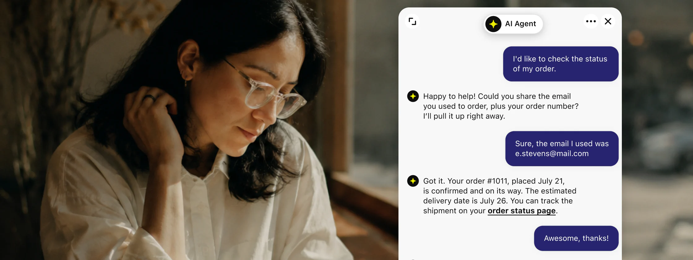 A customer asking about an order status while the AI Agent confirms the order, the delivery date, and a tracking link