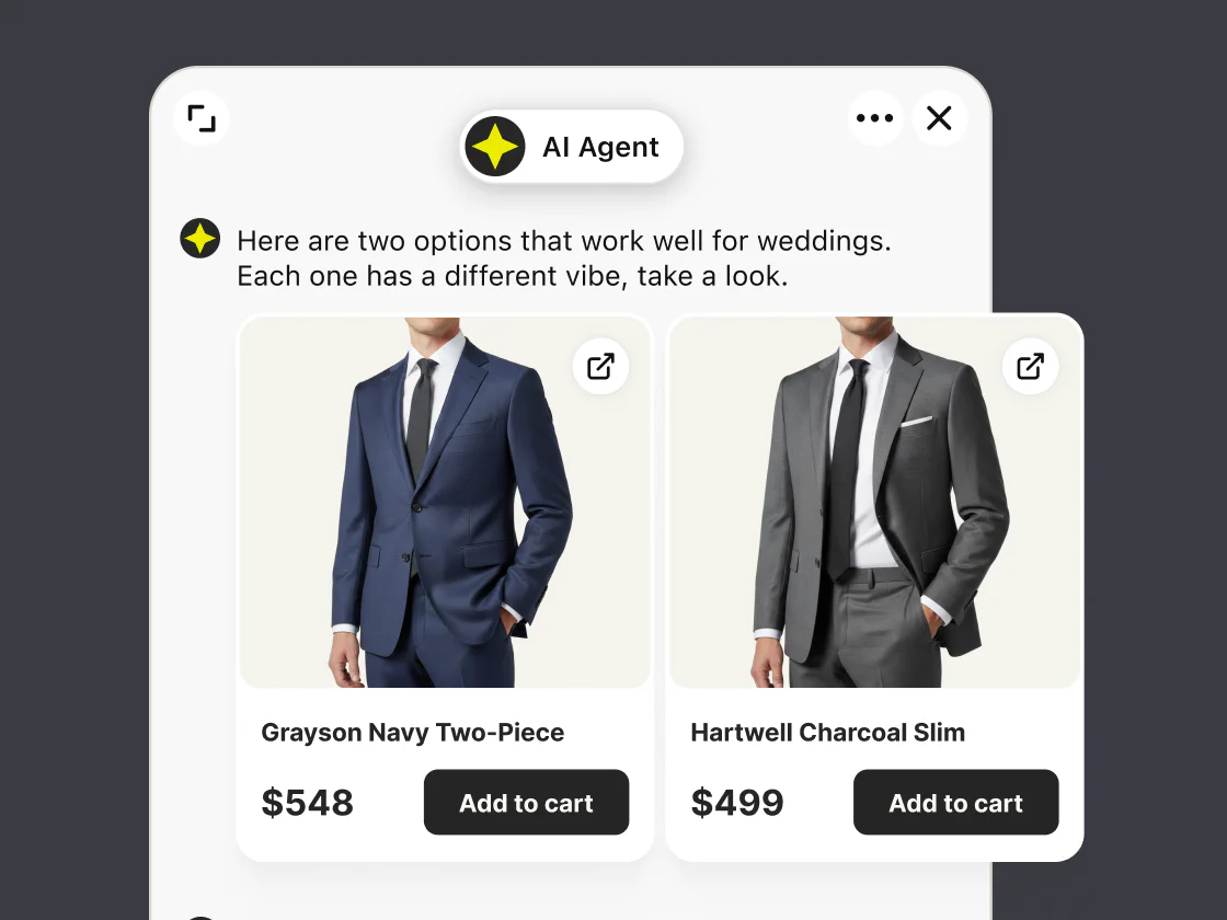 The AI Agent suggesting two wedding suits in the Text inbox, with the customer profile, order history, and Shopify cart alongside the conversation