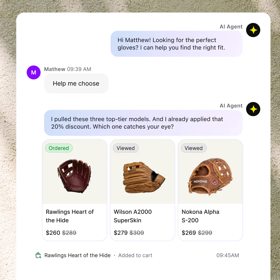The Text inbox showing an AI Agent helping a shopper choose a glove, with the customer profile, cart, and recent orders alongside the conversation