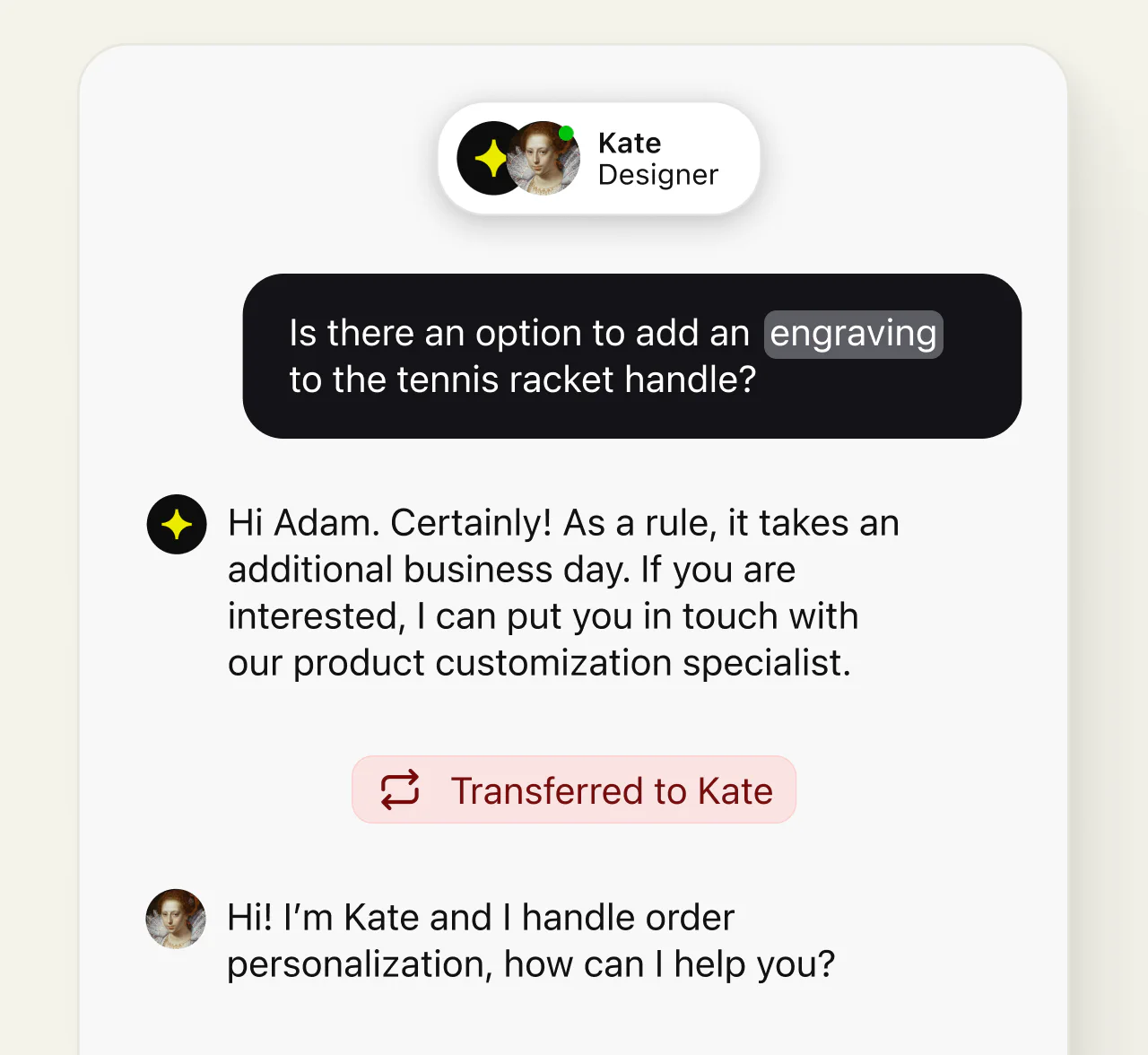 AI agent transferring a customer conversation to a human agent named Kate