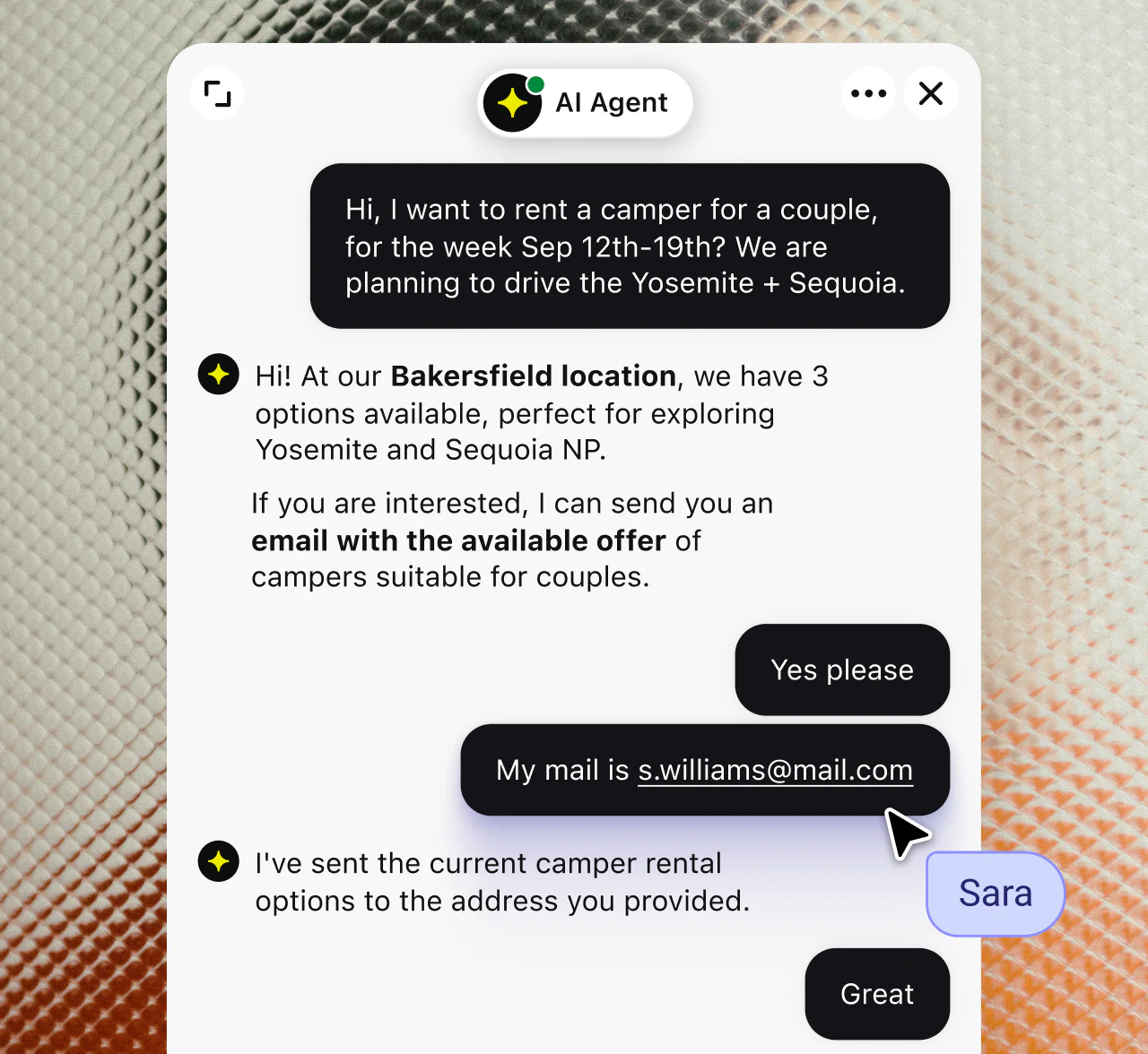 Text AI Agent answering a customer question and sending an offer by email