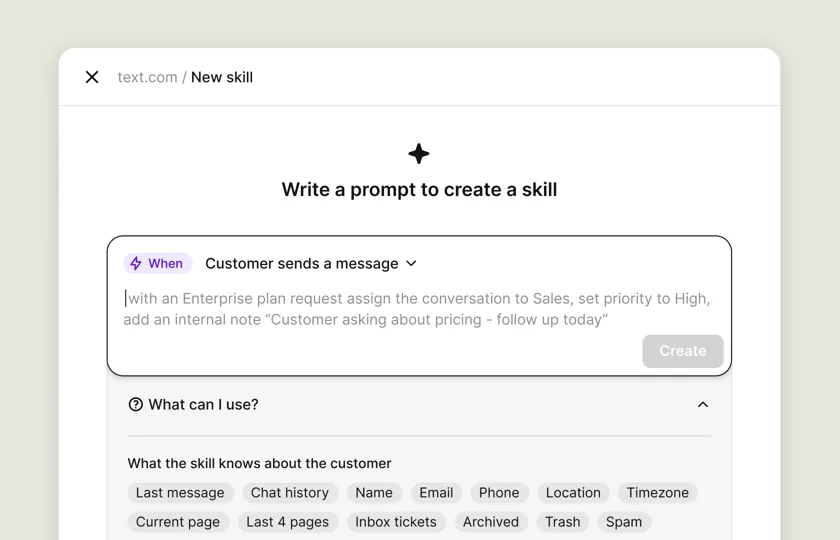 Custom Skill editor listing customer details and chat history available to the skill