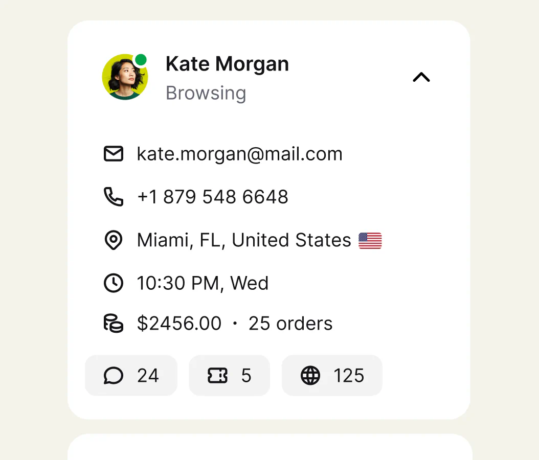 Customer profile card showing email, phone, location, orders, and chat history