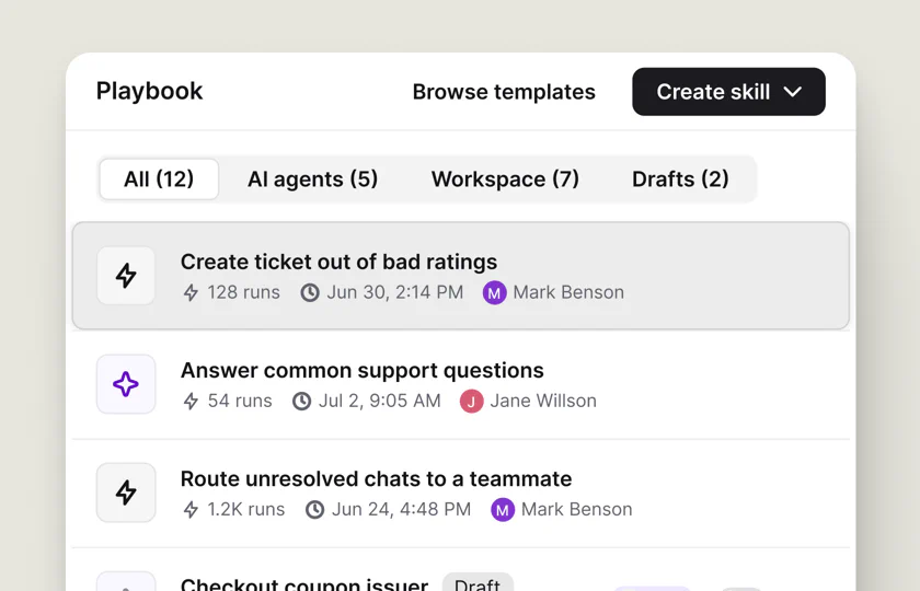 Text Playbook list showing customer support skills, owners, and run counts