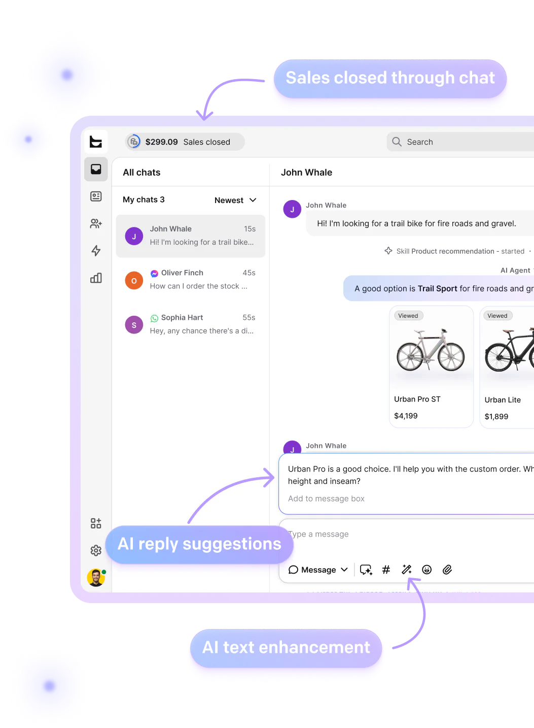 A screenshot showing AI features of the LiveChat app