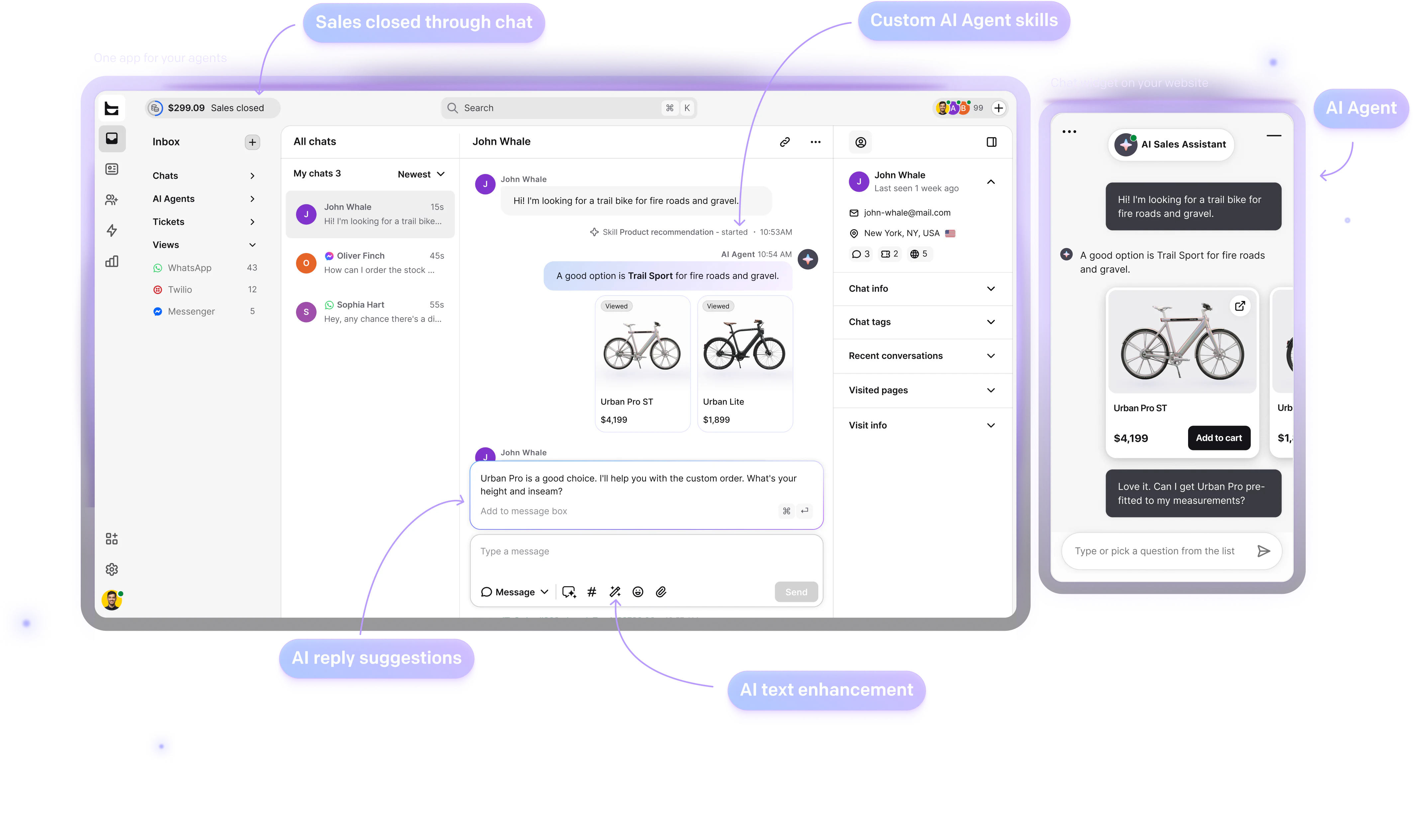 A screenshot showing AI features of the LiveChat app and the chat widget on your website