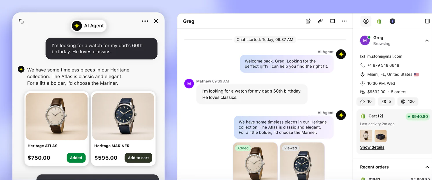 Text’s AI Agent recommending watches in the chat widget, next to the agent’s view of the same conversation, customer profile, and cart