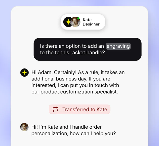The AI Agent offering a specialist for a tennis racket engraving question, the chat transferred to Kate, and Kate taking over