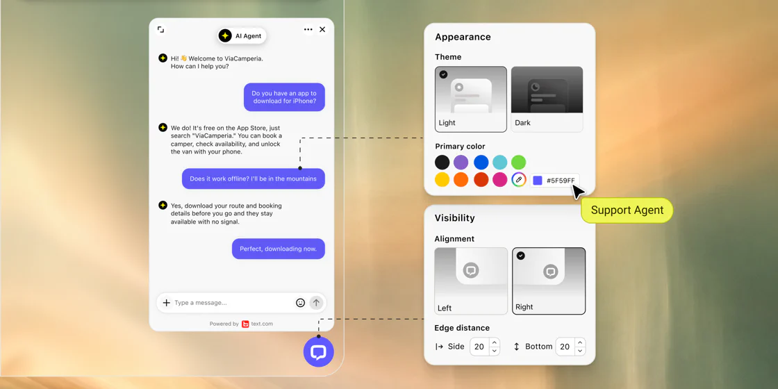 An AI Agent conversation in the Text chat widget next to its Appearance and Visibility settings