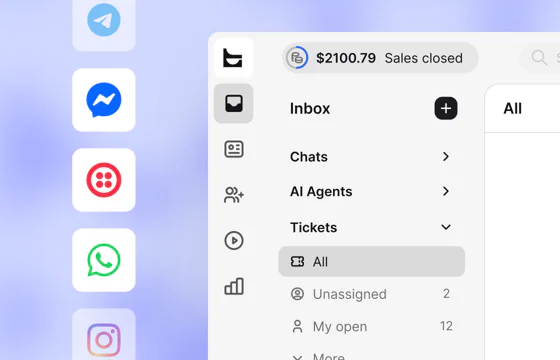 Telegram, Messenger, Twilio SMS, WhatsApp, and Instagram connected to one Text Inbox