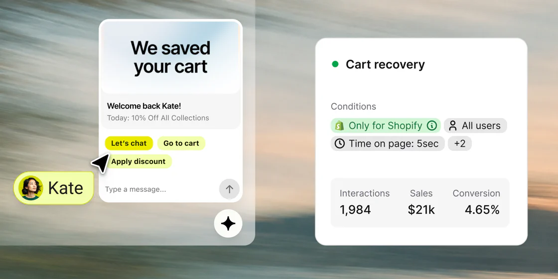 A cart recovery chat campaign, its conditions, and its interactions, sales, and conversion