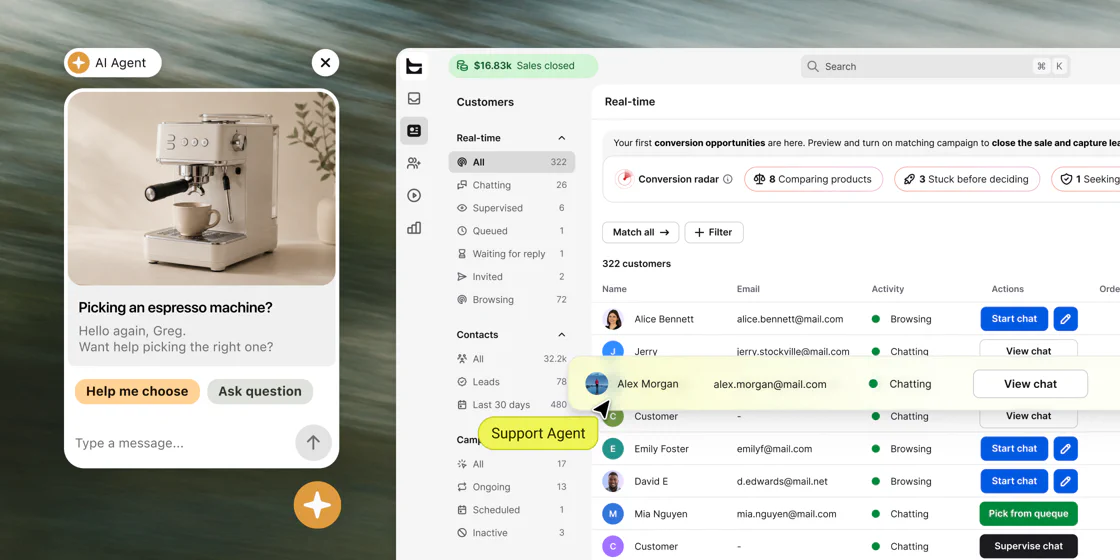 An AI Agent offering help with an espresso machine in the chat widget, next to the real-time customer list in Text