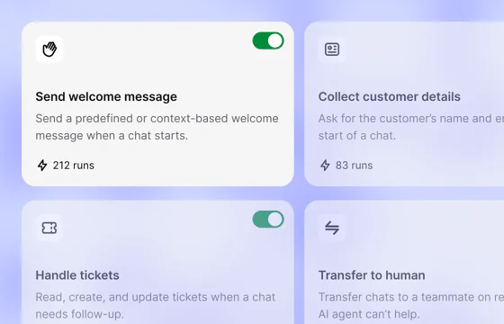 AI Agent skills for sending a welcome message, collecting customer details, handling tickets, and transferring to a human
