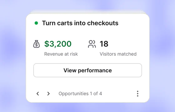 A Turn carts into checkouts opportunity showing $3,200 revenue at risk and 18 matched visitors
