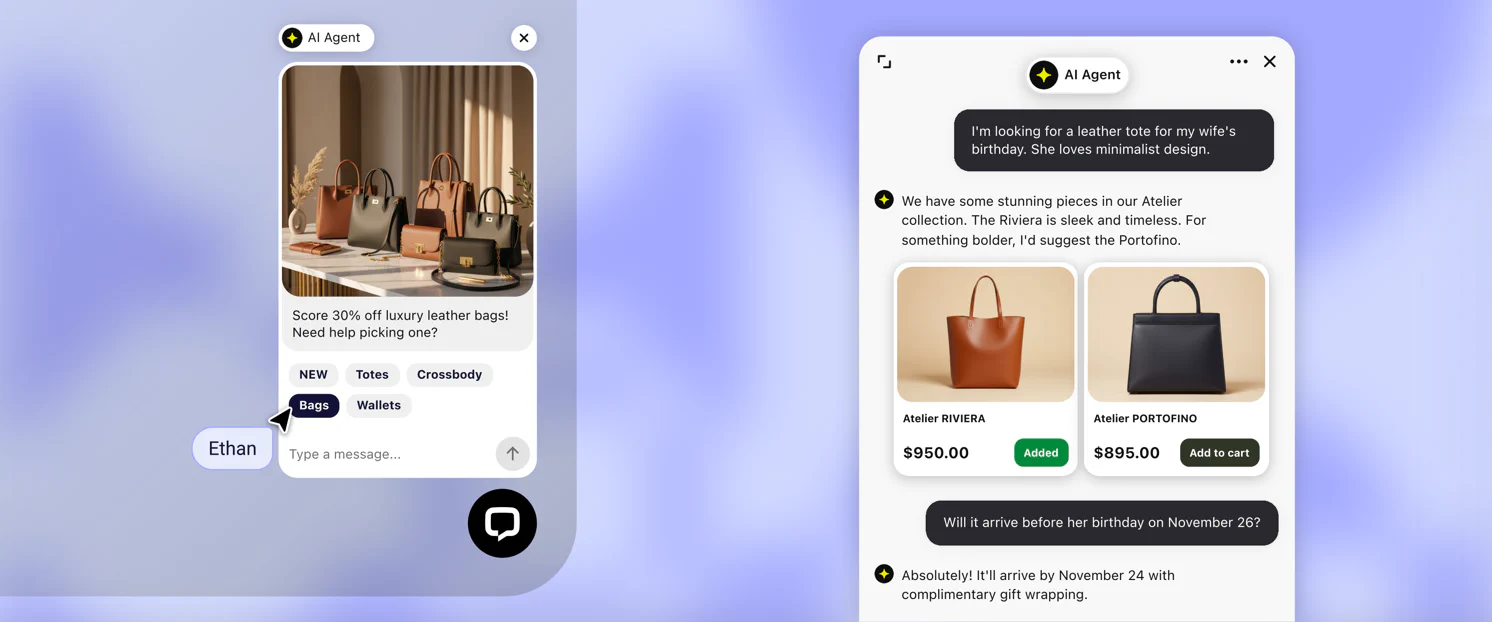 A chat widget promoting leather bags next to an AI Agent conversation recommending two totes