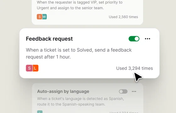 A ticket rule that requests feedback one hour after a ticket is solved