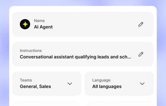 AI Agent settings with custom instructions, teams, and language options