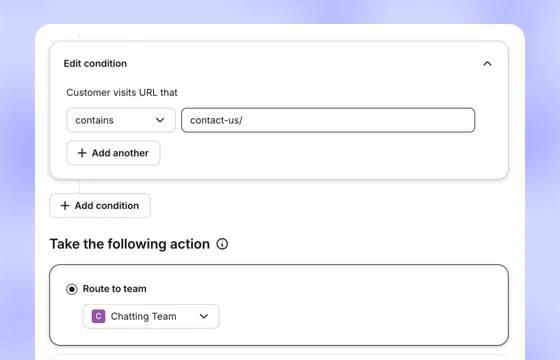 A routing rule sending visitors from a contact page to the chatting team