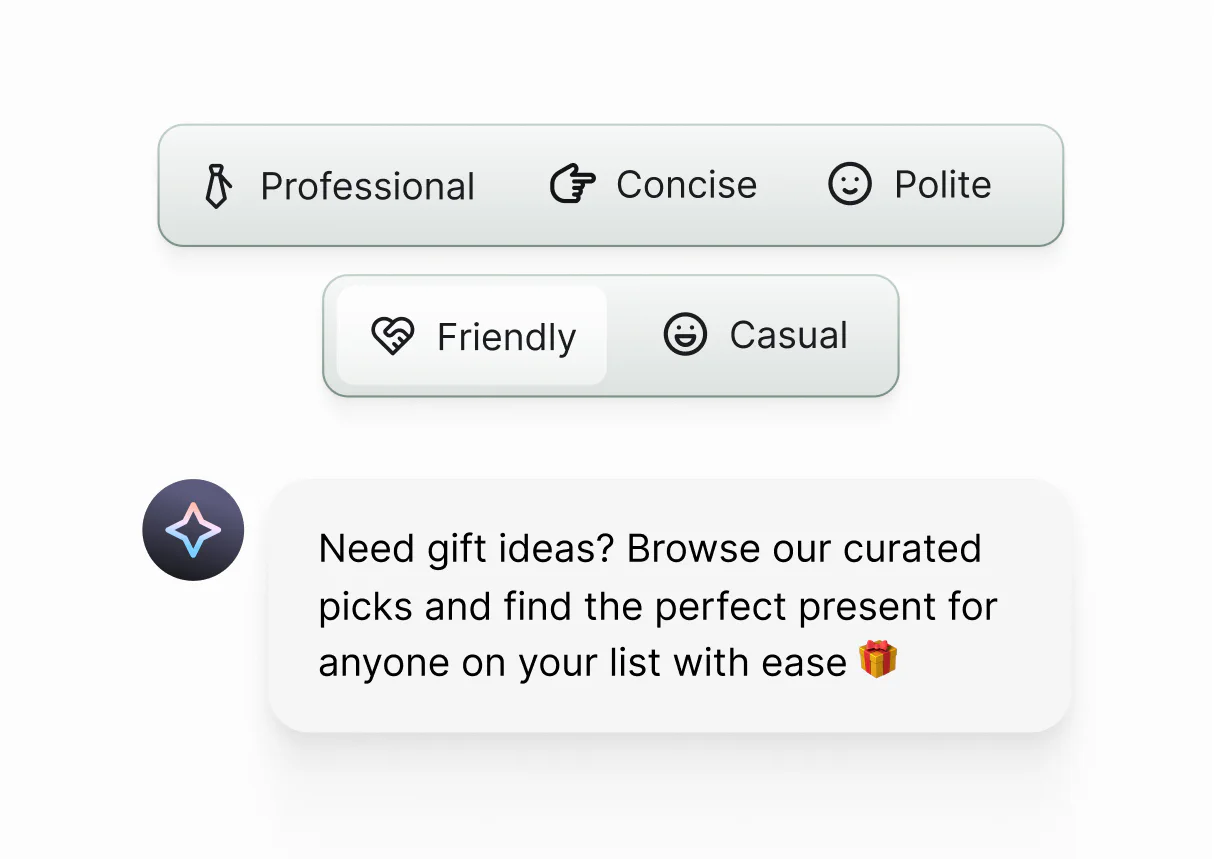 AI Agent tone controls set to professional, concise, and polite above a friendly generated answer
