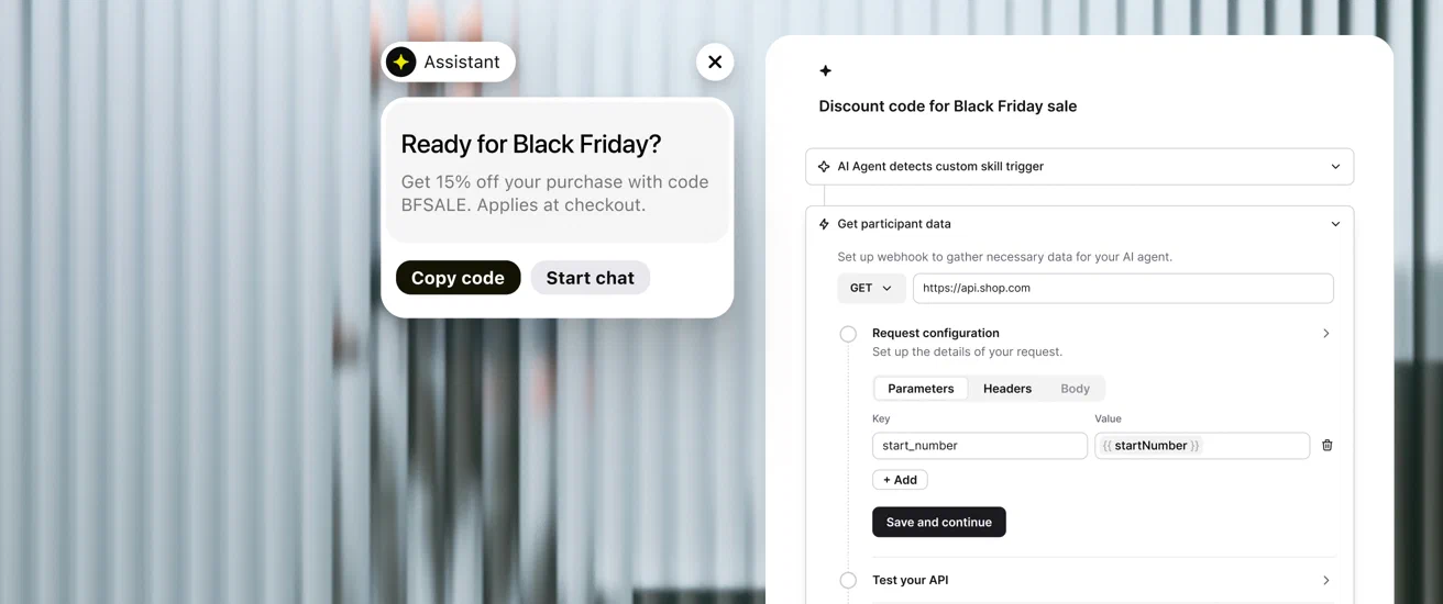 A custom AI Agent Skill with a webhook request and API test, next to a discount offer it sends in chat