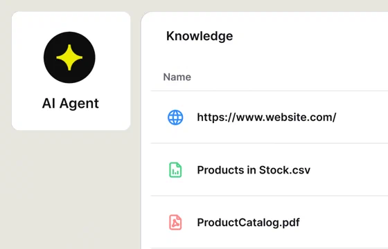 AI Agent knowledge sources: a website, a product stock CSV, and a product catalog PDF