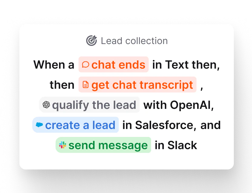 An automated lead workflow qualifying a finished chat, creating a Salesforce lead, and notifying Slack