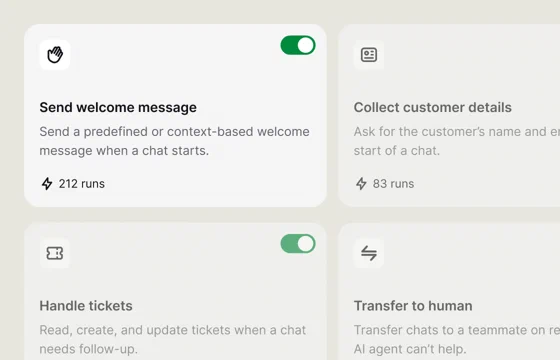 AI Agent Skills for sending a welcome message, collecting customer details, handling tickets, and transferring to a human