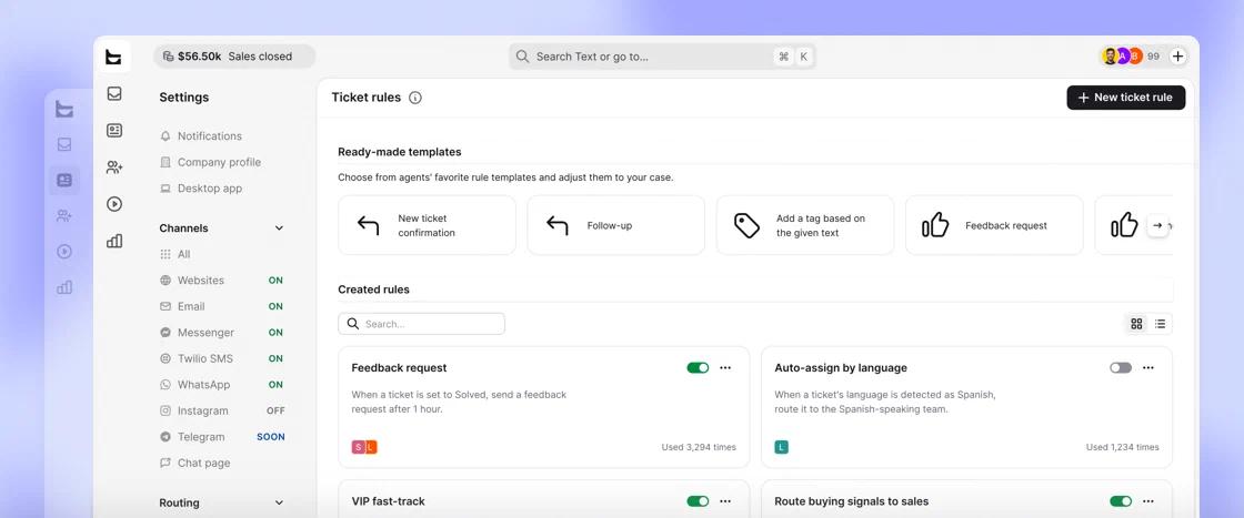 Text ticket rules with templates for auto replies, feedback requests, and automatic tagging