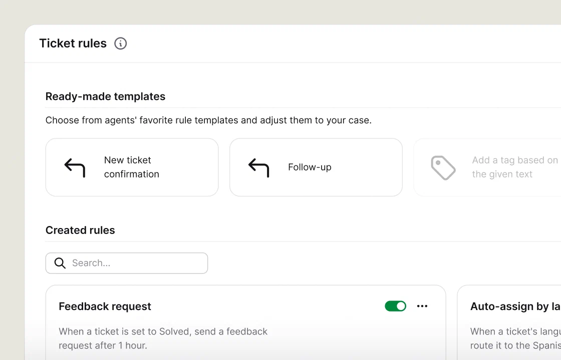 Text ticket rule templates for confirmations, follow-ups, tags, and feedback requests