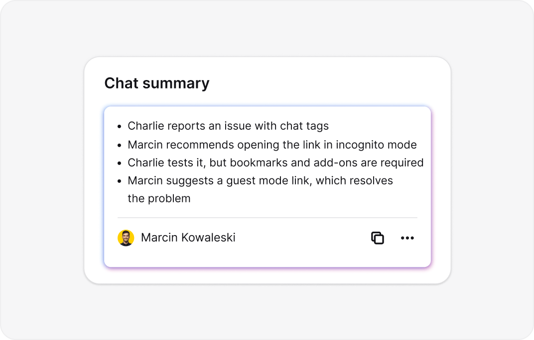 AI-generated conversation summary showing key points from customer chat in Agencies LiveChat
