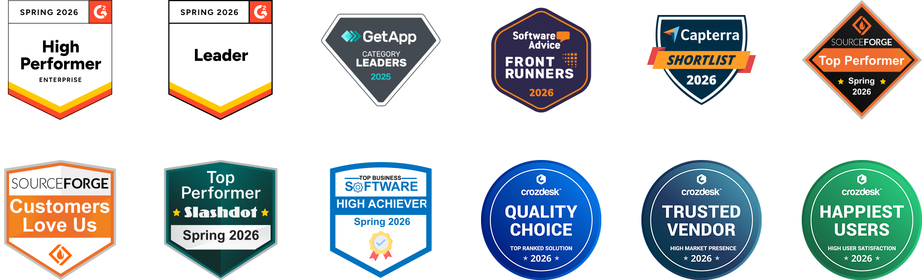 Collection of software award badges for 2025 and 2026, including G2 Spring 2026 High Performer Enterprise, G2 Spring 2026 Leader, GetApp Category Leaders 2025, Software Advice Front Runners 2026, Capterra Shortlist 2026, SourceForge Customers Love Us, Crozdesk Quality Choice 2026, Crozdesk Trusted Vendor 2026, and Crozdesk Happiest Users 2026.