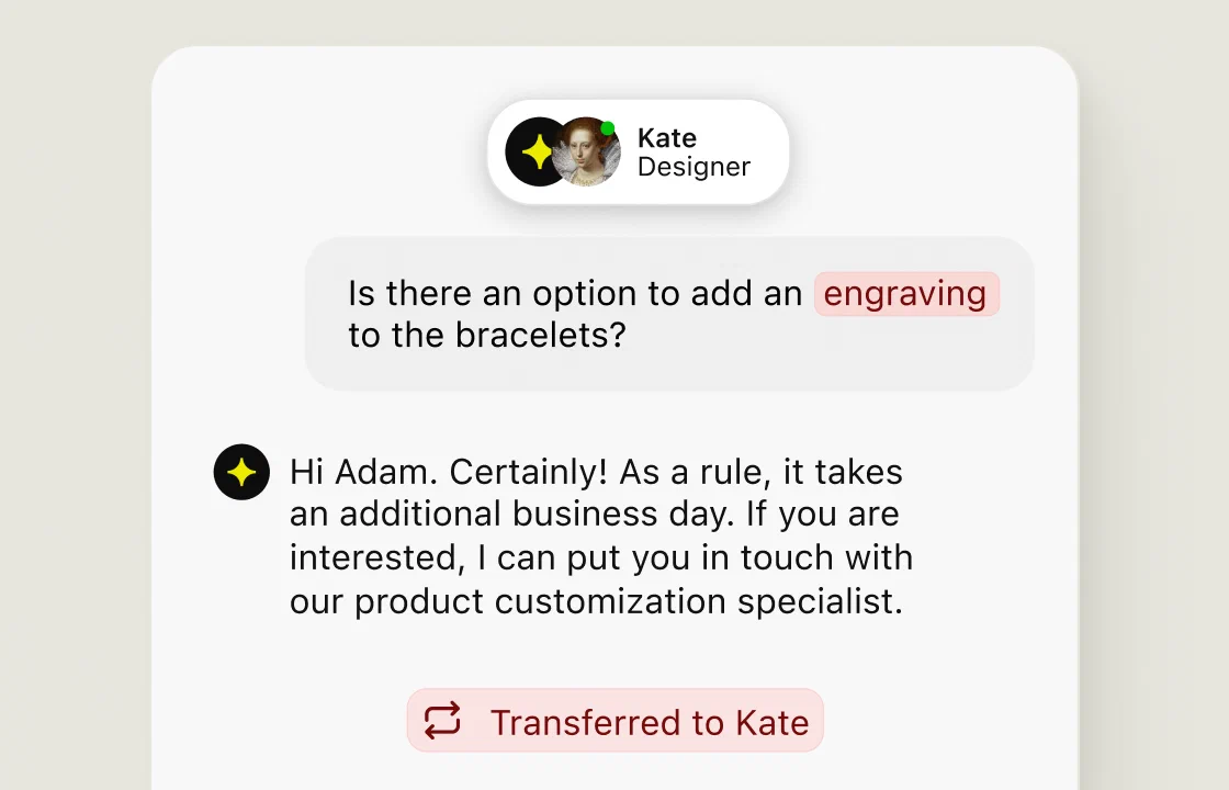Text AI Agent answering a question about engraving bracelets, then transferring the chat to Kate, a designer