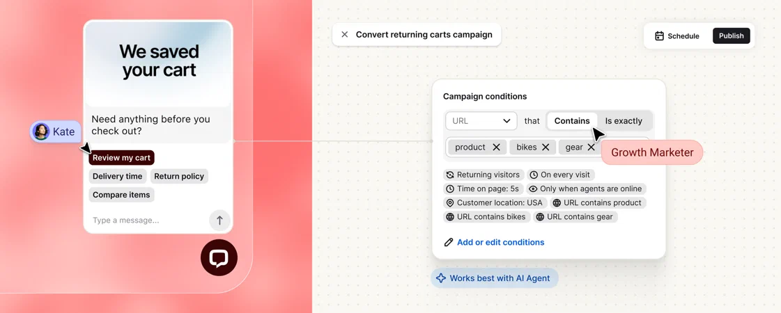 Campaign builder recovering abandoned carts with a “We saved your cart” chat message