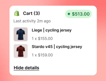 Live cart preview with three cycling jerseys totalling $513