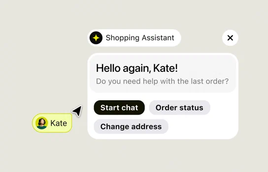Shopping Assistant chat greeting a returning customer with quick actions