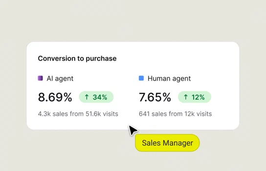 Conversion to purchase report comparing AI agent and human agent rates