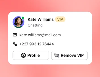 Customer profile card for Kate Williams with email, phone, and VIP badge