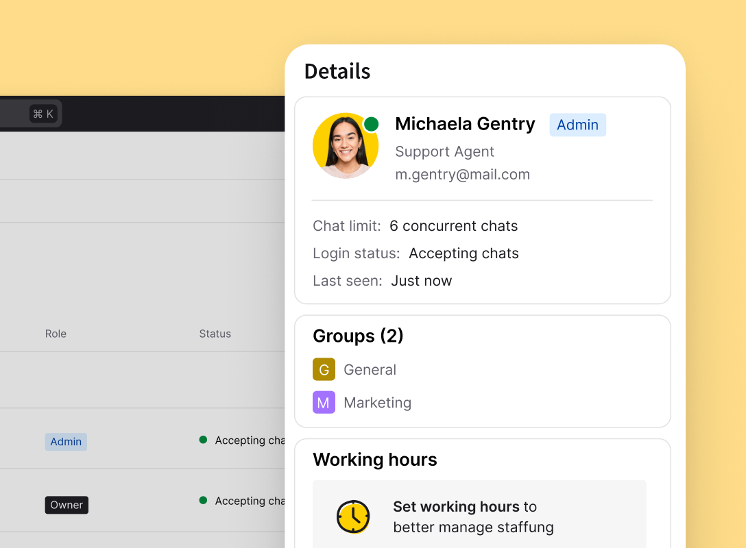 LiveChat team settings showing an agent's role, groups, availability, and working hours