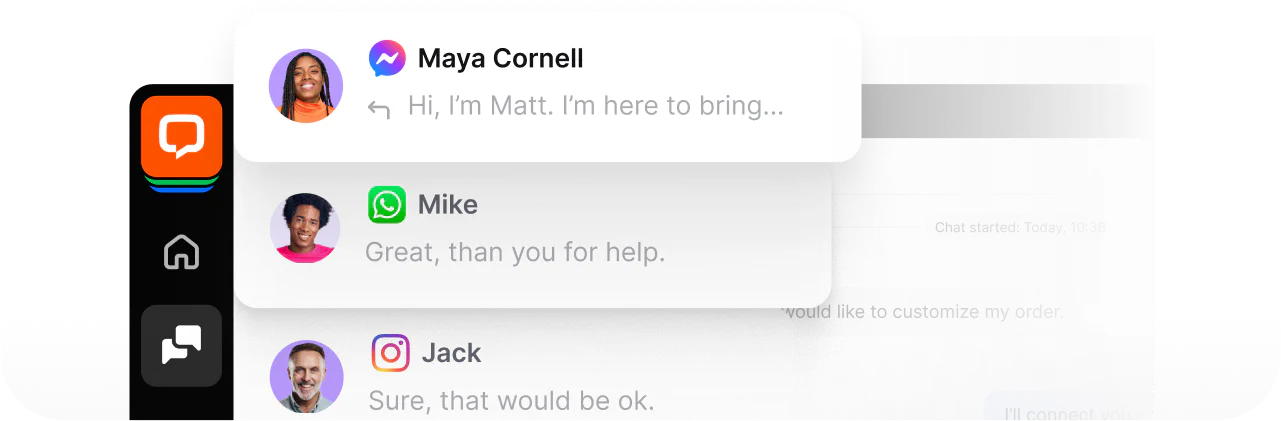 View of LiveChat app displaying customer interactions from multiple communication channels, including Messenger, WhatsApp, and Instagram