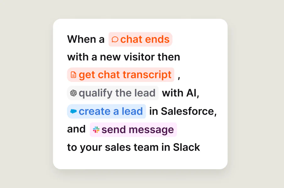 Workflow qualifying a lead with AI, creating it in Salesforce and notifying sales in Slack