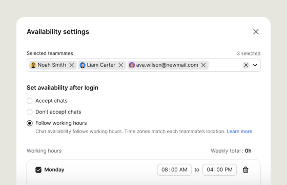 Availability settings for three teammates set to follow working hours, with a Monday shift from 8:00 AM to 4:00 PM