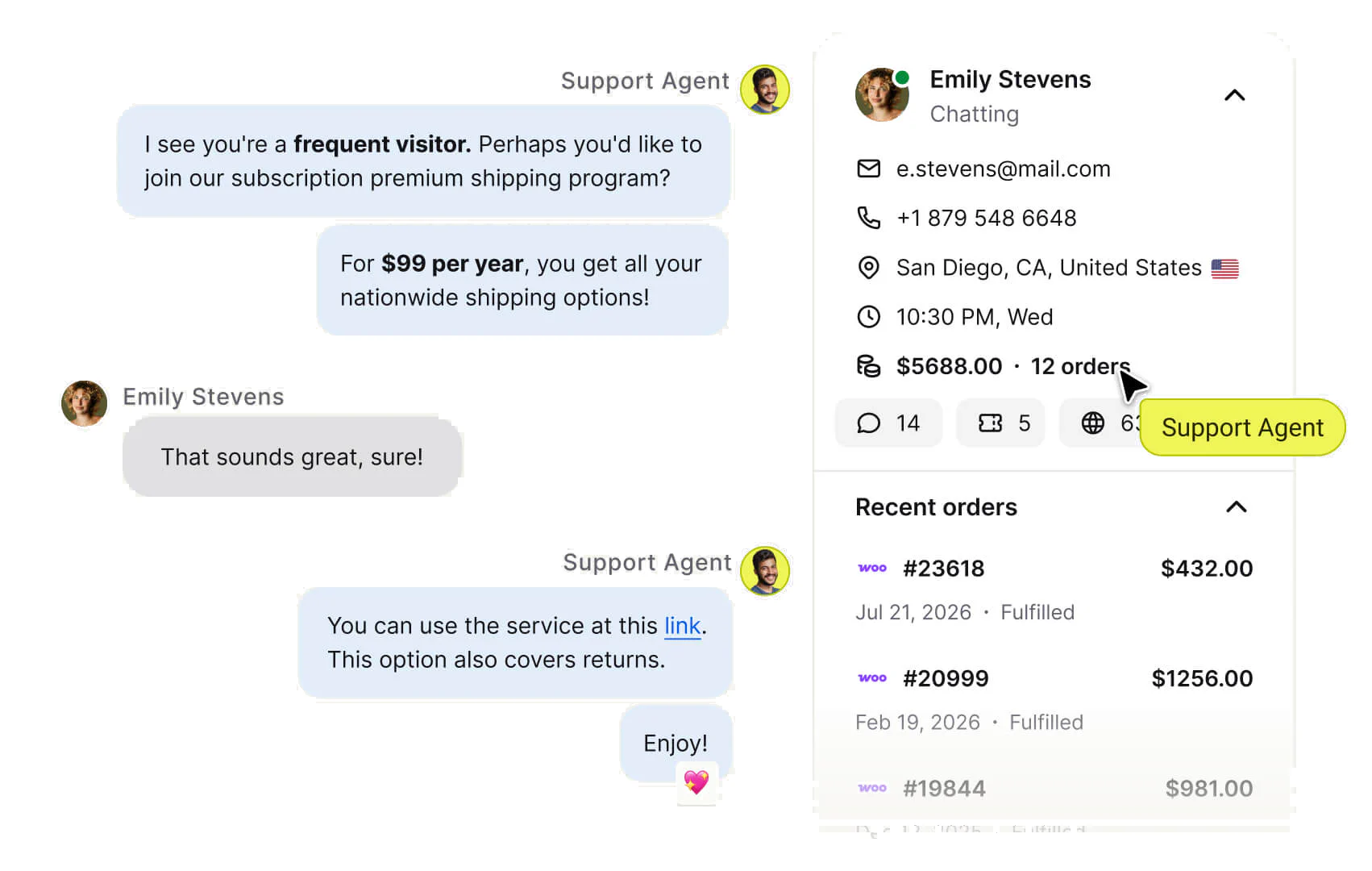 Support agent upselling in chat next to a customer profile showing order value and recent orders in dollars