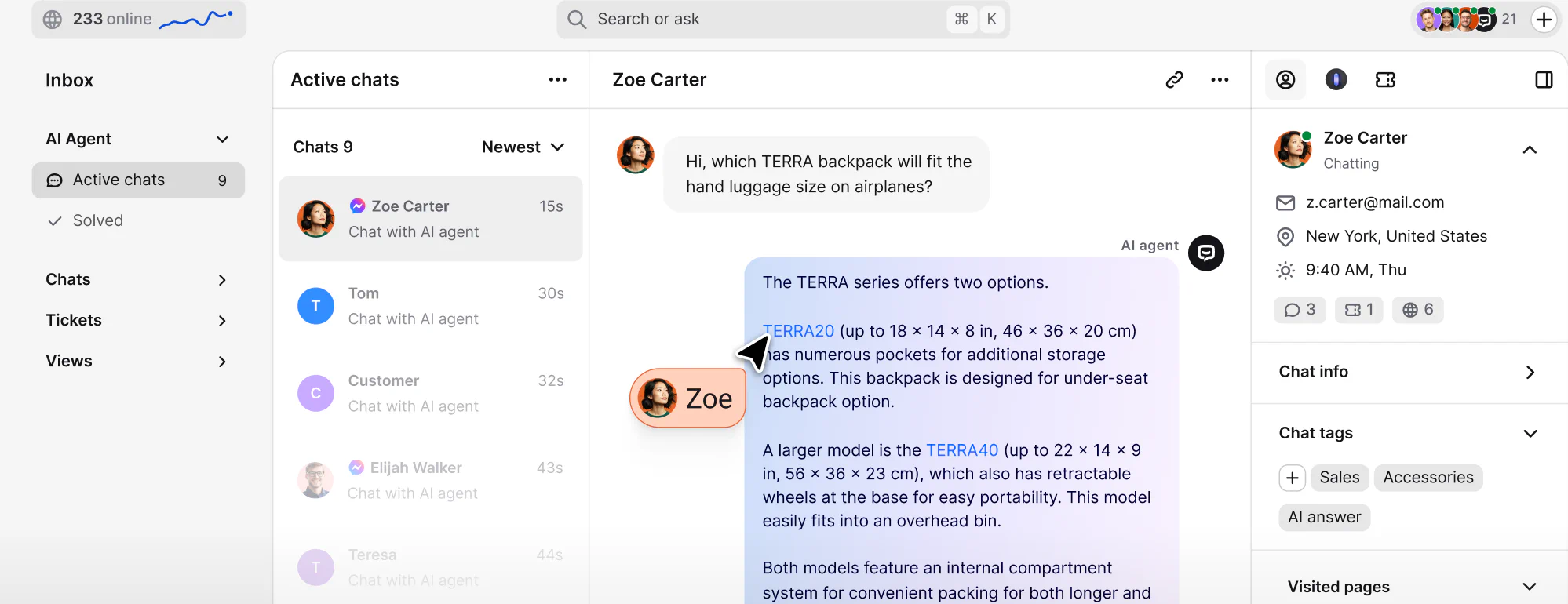 Inbox with conversations from website chat and messaging channels in one queue