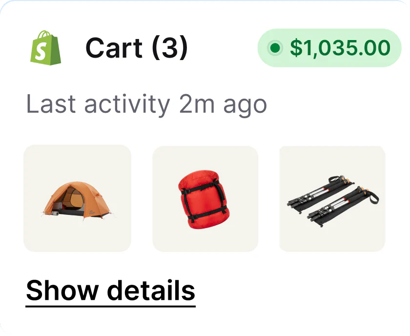 A live Shopify cart worth $1,035 shown next to the customer conversation