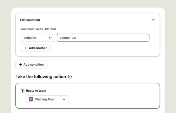 Chat routing rule: when a customer visits a URL containing contact-us, route the chat to the Chatting Team