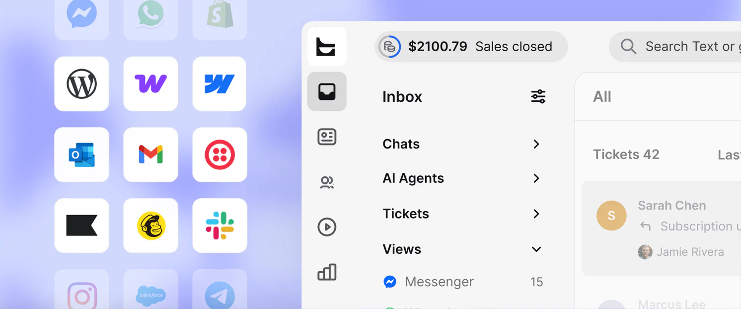 Messaging and ecommerce integrations beside the Text inbox with channel views and assigned tickets