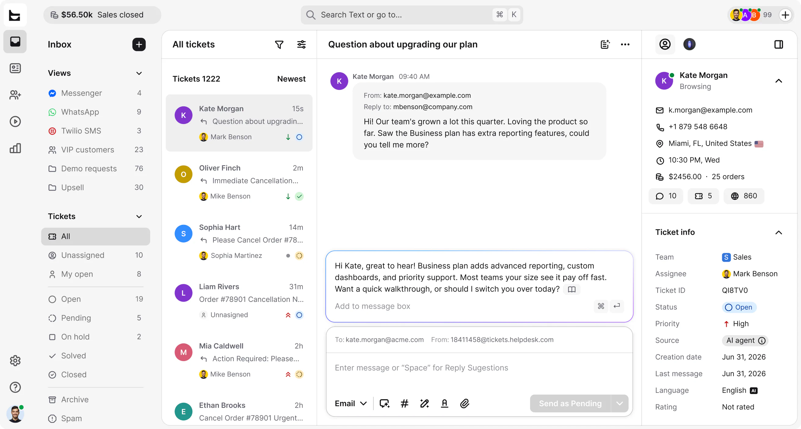 Ticket workspace with an email thread, an AI reply suggestion, the queue, and ticket details